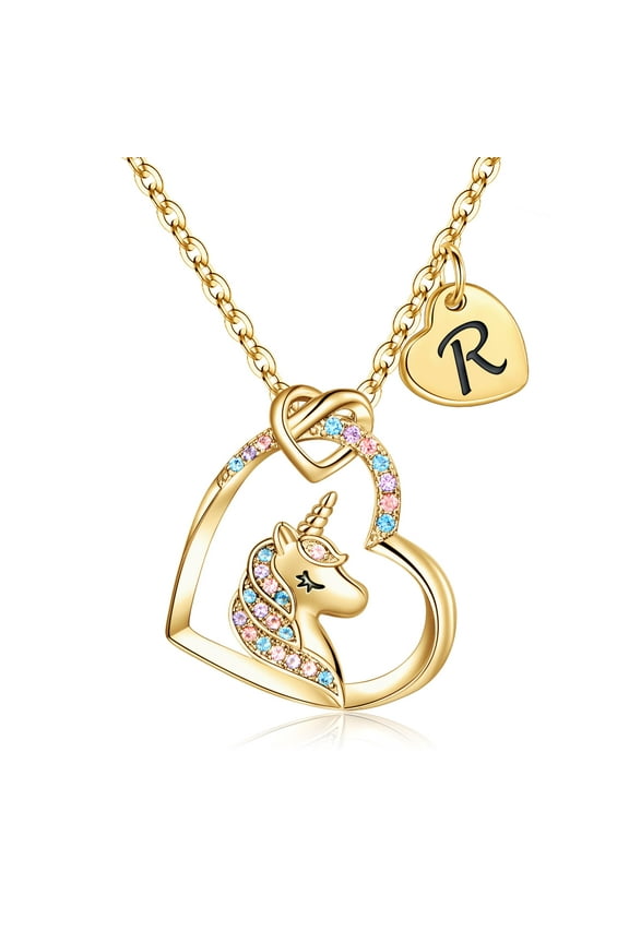 14K Gold Plated Colorful Cz Initial Unicorn Heart Pendant Necklaces for Teens Little Girls Age 4-16 Daughter Kids Jewelry Birthday Gifts for Women Girls Her
