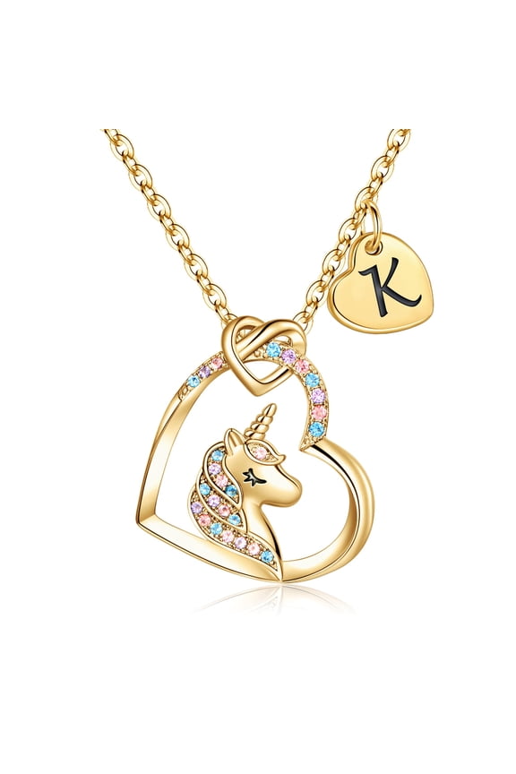 14K Gold Plated Colorful Cz Initial Unicorn Heart Pendant Necklaces for Teens Little Girls Daughter Kids Jewelry Birthday Mothers Day Presents for Women Girls