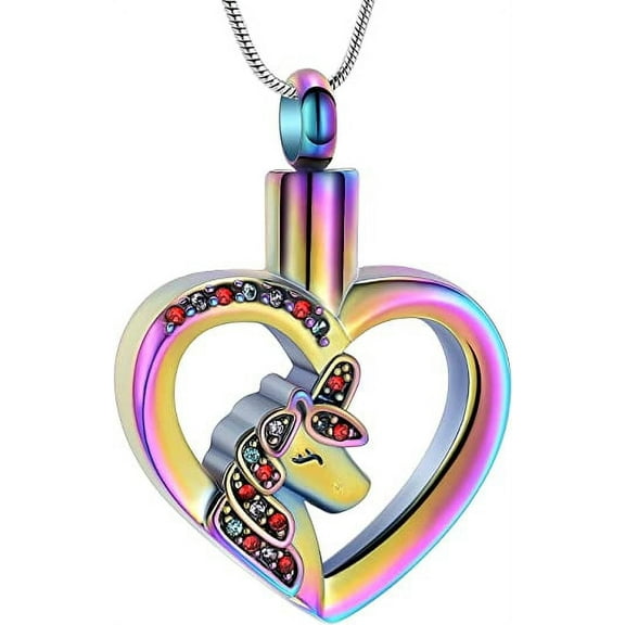 Unicorn Necklaces Cremation Jewelry Colorful Heart Charm Pendant Neckalces for Women Urns Jewelry Ashes Keepsake Crystal Pendant Gifts