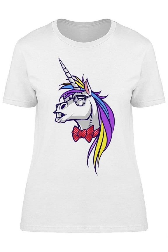 Unicorn Nerd Wearing Glasses Bow T-Shirt Women -Image by Shutterstock, Female Large