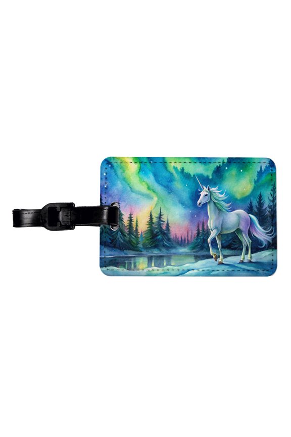 Unicorn Northern Lights Fantasy Watercolor Faux Leather Travel Luggage Tag
