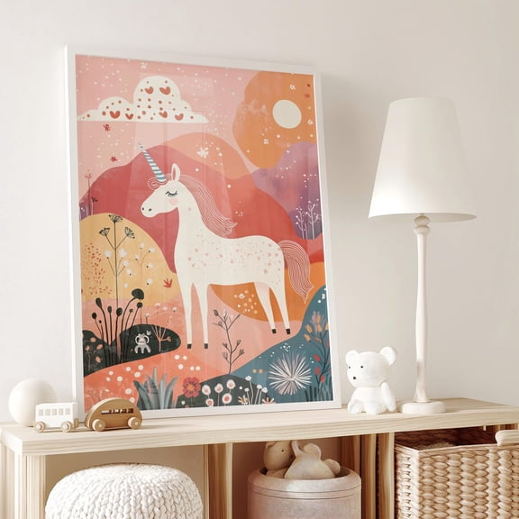 Unicorn Nursery Decor Colorful Bedroom Wall Art Room Flowers Print Girl Printable Boho Playroom Unframed Paper Print
