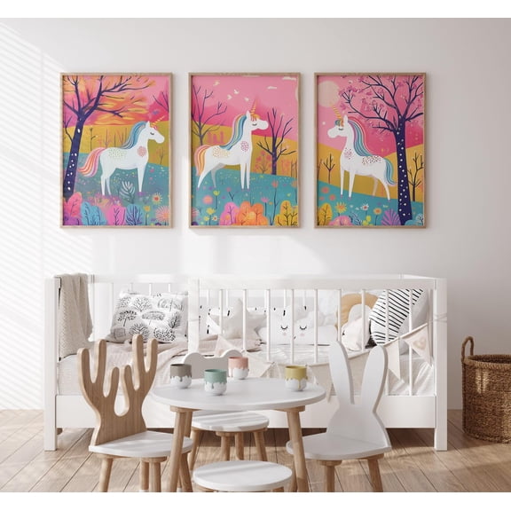 Unicorn Nursery Wall Art Whimsical Unicorn Landscape Decor Room Forest Print Set 3 Stretched Canvas 8x12