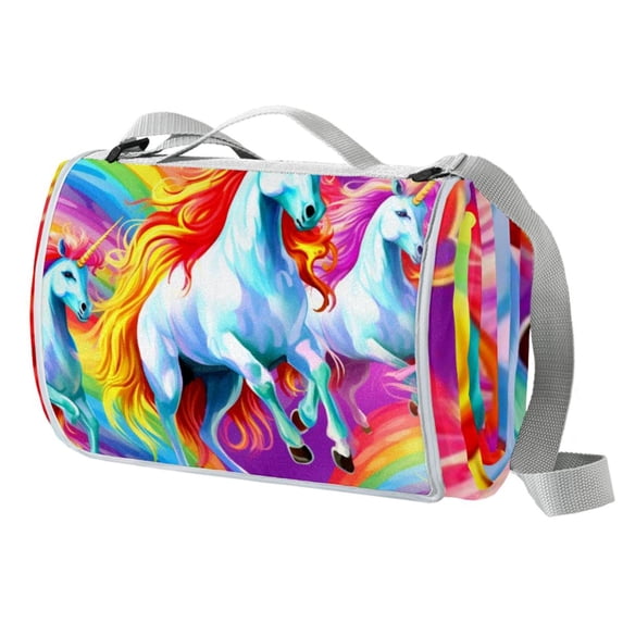 Unicorn Outdoor Canvas Picnic Blanket Waterproof and Foldable Mat with Carry Strap - Large Size for Family and Friends - Durable and Easy to Clean - Blue and White Stripes Design