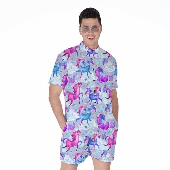 Unicorn Paradise Pattern Short Sleeve Men'S Rompers, Unicorn Casual Summer Jumpsuits Outfit