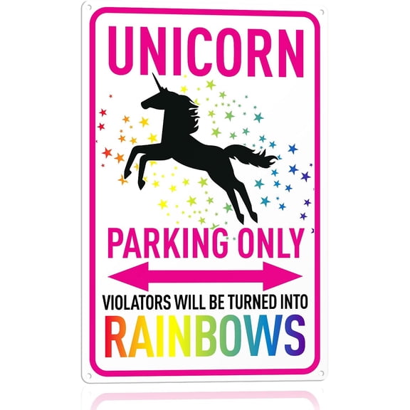 Unicorn Parking Only Sign, Funny Gift for Girls Bedroom Wall Decor 8 x 12 in - Rainbow Tin Sign for Indoor or Outdoor