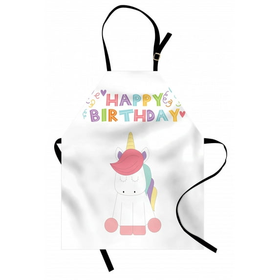Unicorn Party Apron Festive Happy Birthday Lettering with Simplistic Doodle Fairy Tale Animal, Unisex Kitchen Bib Apron with Adjustable Neck for Cooking Baking Gardening, Multicolor, by Ambesonne
