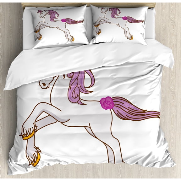Unicorn Party Duvet Cover Set, Cartoon Image of Horse Mane and Tail with Flowers, Decorative 3 Piece Bedding Set with 2 Pillow Shams, King Size, White Mauve, by Ambesonne