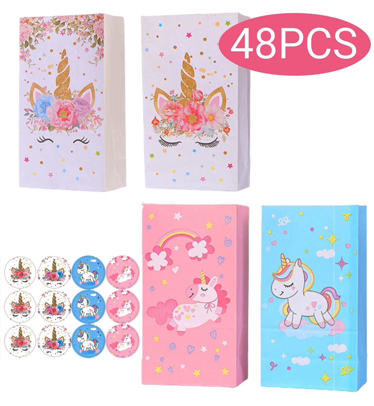 Unicorn Party Favor Bag Party Supplies Treat Candy Paper Bags for Birthday with 48 Pcs Stickers 48 Pcs