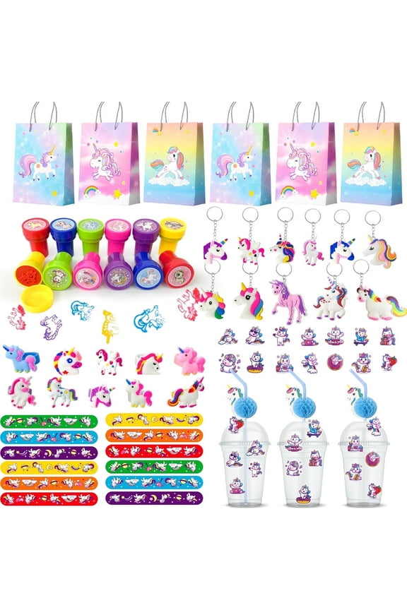 Unicorn Party Favors ,134pcs Unicorn Birthday Party Favors Set - Unicorn Slap Bracelet  & Unicorn Goodie Bags& Unicorn Stickers Keychain Rings etc Unicorn Themed Party Favors for Girls