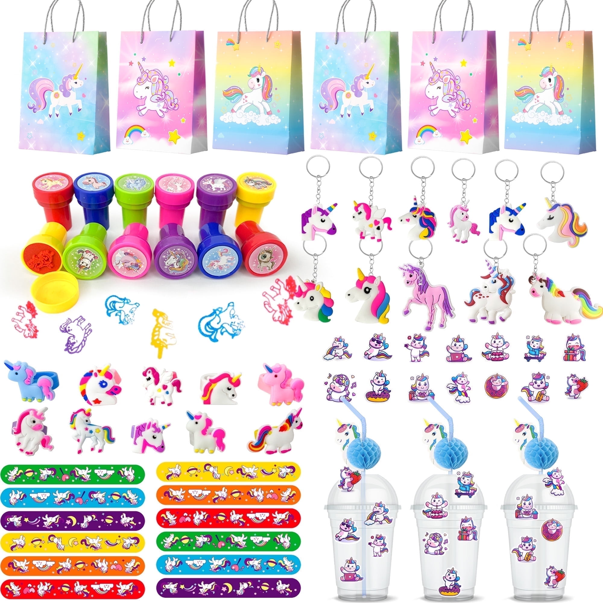 Unicorn Party Favors for Girls,134pcs Unicorn Birthday Party Favors Set - Unicorn Goodie Bags & Unicorn Slap Bracelet & Unicorn Stickers Keychain Stampers Rings etc Unicorn Themed Party Favors