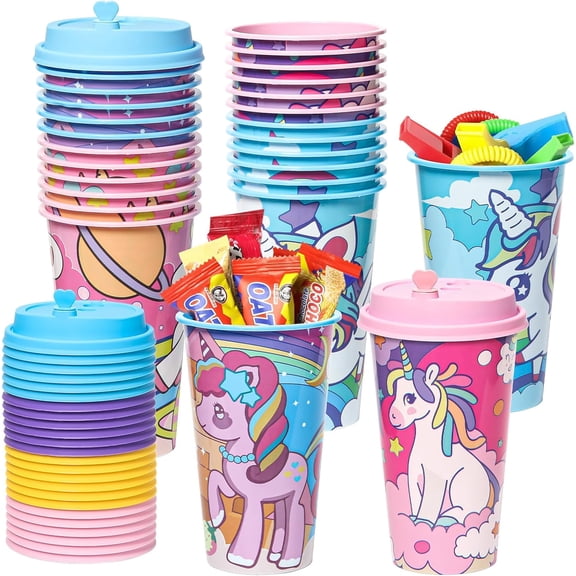 Unicorn Party Favors Goodie Cups, 24 Pack Birthday Party Cups in 4 Colors, 16OZ Reusable Rainbow Plastic Party Supplies Decorations Cups with Lids Plugs for Girls Kids Boys