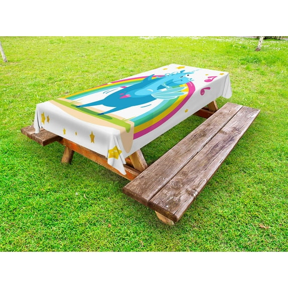 Unicorn Party Outdoor Tablecloth, Colorful Cartoon Horse with Horn Dancing in Front of the Rainbow Funny Animal, Decorative Washable Fabric Picnic Table Cloth, 58 X 84 Inches,Multicolor, by Ambesonne