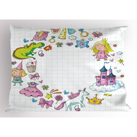 Unicorn Party Pillow Sham Fantastic Fairy Tale Elements Fire Breathing Dragon Princes Castle on Cloud, Decorative Standard Size Printed Pillowcase, 26 X 20 Inches, Multicolor, by Ambesonne