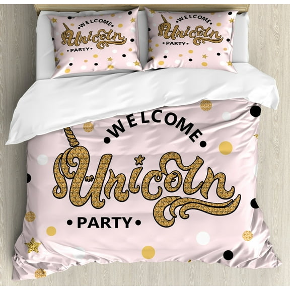 Unicorn Party Queen Size Duvet Cover Set, Hand Drawn Lettering with Pale Pink Dots and Stars Background, Decorative 3 Piece Bedding Set with 2 Pillow Shams, Apricot Pale Pink Black, by Ambesonne