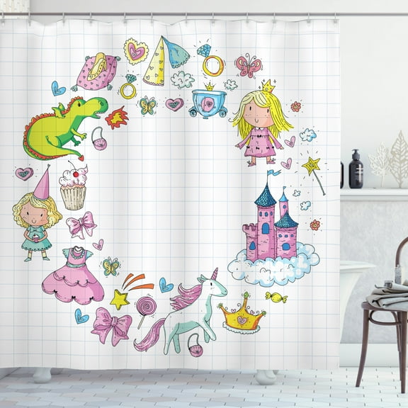 Unicorn Party Shower Curtain, Fantastic Fairy Tale Elements Fire Breathing Dragon Princes Castle on Cloud, Fabric Bathroom Set with Hooks, 69W X 84L Inches Extra Long, Multicolor, by Ambesonne