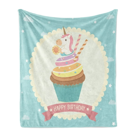 Unicorn Party Soft Flannel Fleece Blanket, Fairy Tale Character Sitting on Cupcake with Frosting Birthday Theme Cartoon, Cozy Plush for Indoor and Outdoor Use, 50" x 60", Multicolor, by Ambesonne