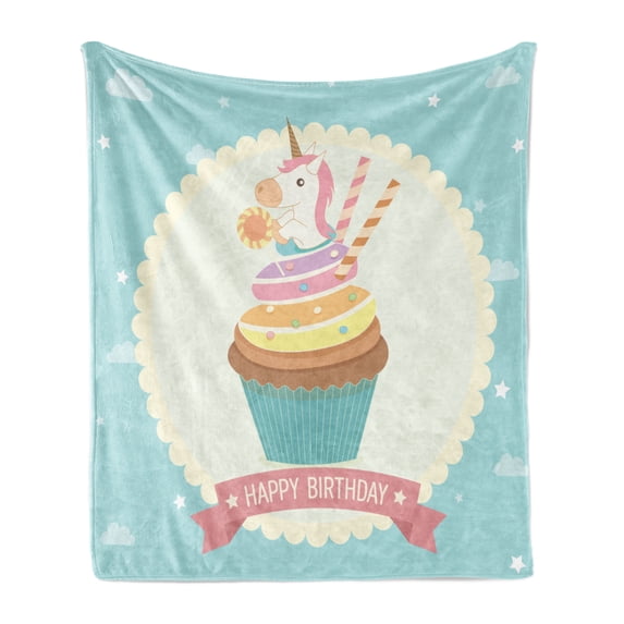 Unicorn Party Soft Flannel Fleece Blanket, Fairy Tale Character Sitting on Cupcake with Frosting Birthday Theme Cartoon, Cozy Plush for Indoor and Outdoor Use, 60" x 80", Multicolor, by Ambesonne