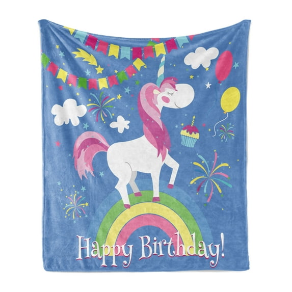 Unicorn Party Soft Flannel Fleece Blanket, Happy Birthday Words with Fairy Tale Animal Marching on Rainbow with Balloons, Cozy Plush for Indoor and Outdoor Use, 50" x 60", Multicolor, by Ambesonne
