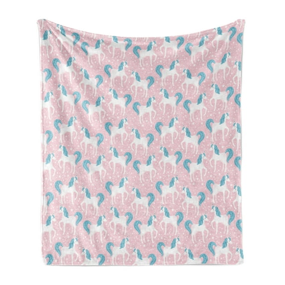 Unicorn Party Soft Flannel Fleece Throw Blanket, Cheerful Horse with Tiny Stars and Heart Cartoon, Cozy Plush for Indoor and Outdoor Use, 50" x 60", Rose Sea Blue White, by Ambesonne