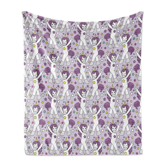 Unicorn Party Soft Flannel Fleece Throw Blanket, Dancing Cartoon Characters Girly Unicorn Design with Colorful Stars, Cozy Plush for Indoor and Outdoor Use, 60" x 80", Multicolor, by Ambesonne