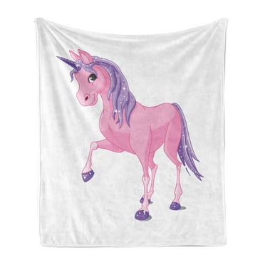 Unicorn Party Soft Flannel Fleece Throw Blanket, Dreamy Fairytale Horse with Starry Magic Mane Tail and Horn Print, Cozy Plush for Indoor and Outdoor Use, 70" x 90", Pink Lavender White, by Ambesonne