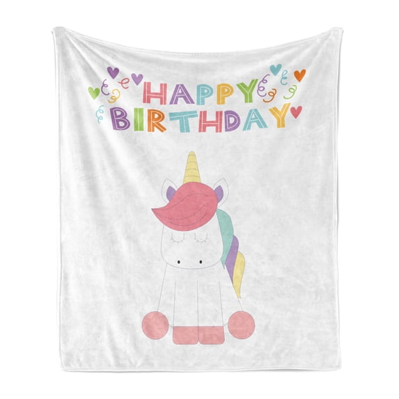 Unicorn Party Soft Flannel Fleece Throw Blanket, Happy Birthday Lettering with Simplistic Doodle Fairy Tale Animal, Cozy Plush for Indoor and Outdoor Use, 50" x 70", Multicolor, by Ambesonne