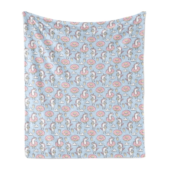 Unicorn Party Soft Flannel Fleece Throw Blanket, Pastel Tone Pattern of Funny Horned Horse in Donuts with Coffee Cup, Cozy Plush for Indoor and Outdoor Use, 50" x 60", Multicolor, by Ambesonne