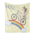 thumbnail image 1 of Unicorn Party Soft Flannel Fleece Throw Blanket, Polka Dot Background with Hand Drawn Animal Riding Bicycle on Rainbow, Cozy Plush for Indoor and Outdoor Use, 50" x 60", Multicolor, by Ambesonne, 1 of 5