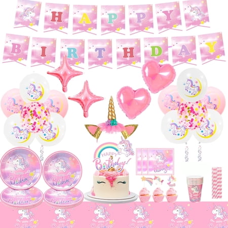 Unicorn Party Tableware Set,116 pcs Unicorn Birthday Party Supplies Set - Unicorn Plates Cups Napkins Table Cloth Banner etc Unicorn Birthday Party Supplies for Girls Baby Shower Wedding,service 16
