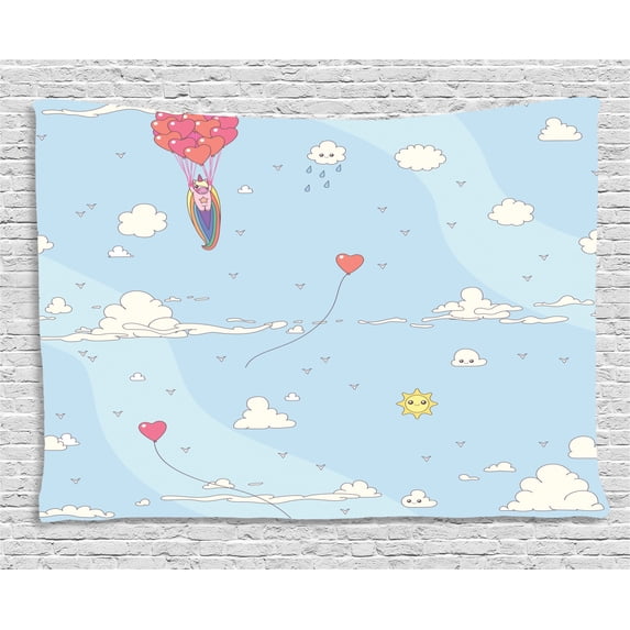 Unicorn Party Tapestry, Flying Horse with Heart Balloons Childish Cartoon Girly Design, Wall Hanging for Bedroom Living Room Dorm Decor, 80W X 60L Inches, Pale Blue Multicolor, by Ambesonne