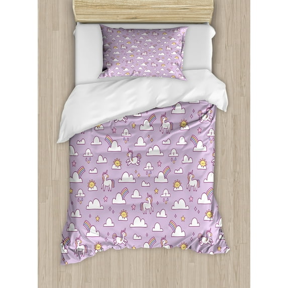 Unicorn Party Twin Size Duvet Cover Set, Rainbow with Mythical Animals and Stars on Pastel Colored Sky Background, Decorative 2 Piece Bedding Set with 1 Pillow Sham, Multicolor, by Ambesonne