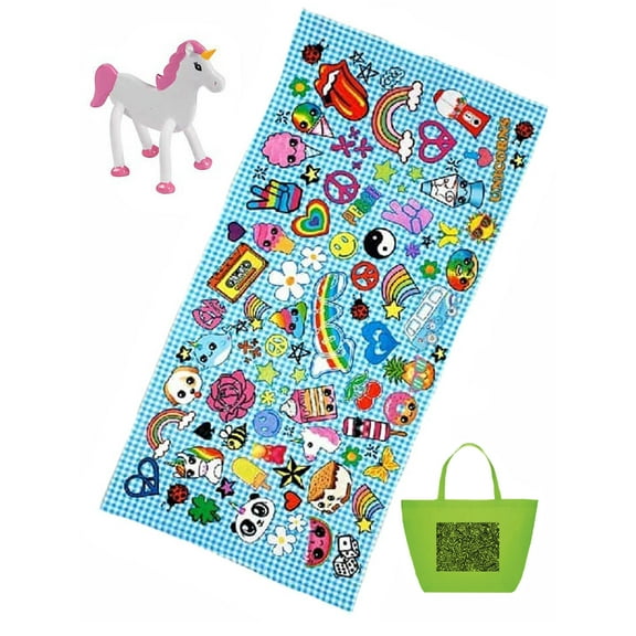 Unicorn, Peace, Love Gingham 28" x 57" Beach or Bath Towel, Unicorn Bendable & Doodle Tote Bundle Set