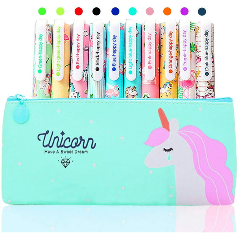Unicorn Pencil Bag Stationary Sets for Girls, 10 Pcs Colorful Unicorn Pens  with Pencil Case School Gift Kids Birthday Present for Age 6 7 8 9 10 11 12