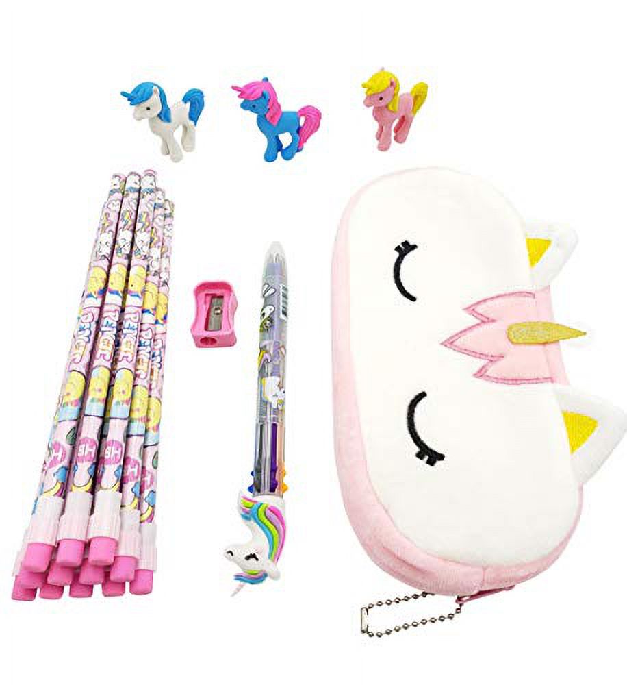 Unicorn Pencil Case Stationary Set Girls Unicorn Gift Set for Kids Eraser  Color Pen Pencils School Supplies in Pink Purple and Teal (Pink)
