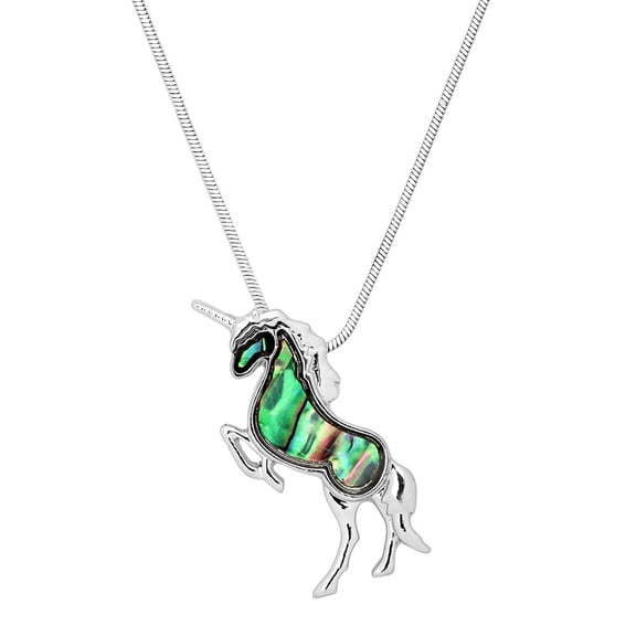 Unicorn Pendant Necklace Abalone Shell Rhodium Plated 17 Inch Snake Chain J0864