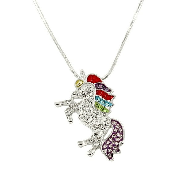 Unicorn Pendant Necklace Rhinestone Crystal Rhodium High Polished J0132
