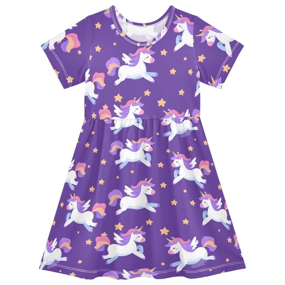 Unicorn Pentagram Purple Short Sleeve Dress A-Line Cute Midi Casual Sundress 2-8 Years