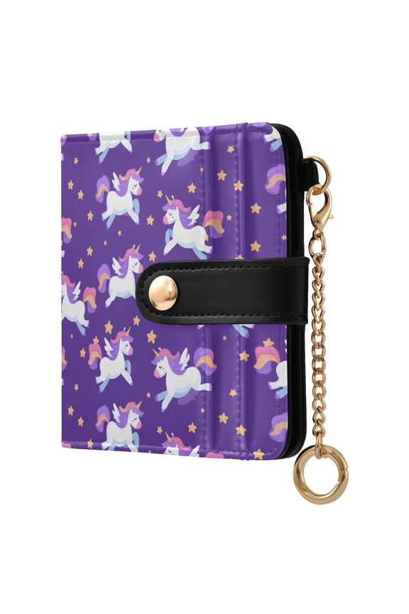 Unicorn Pentagram Purple Small Wallet for Women RFID Blocking Bifold PU Leather Credit Card Holder with Zipper Coin Pocket Compact Cute Travel Purse Magnetic Snap 7 Card Slots