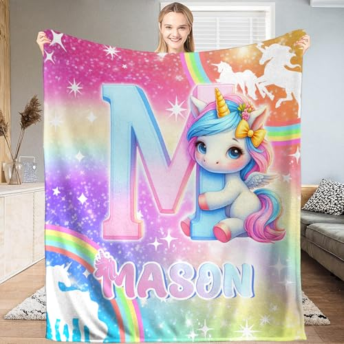 Unicorn Personalized Blanket with Initial Name, Custom Girls Throw Blankets for Daughter Gifts On Birthday (D3) (Small)