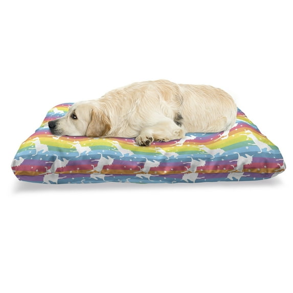 Unicorn Pet Bed, Magic Ideas Theme Colorful Stripes Composition with Horses of Imaginary World Print, Resistant Pad for Dogs and Cats Cushion with Removable Cover, 24" x 39", Multicolor, by Ambesonne