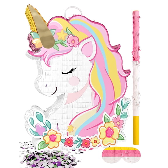 Unicorn Piata for Birthday Party Girl, Princess Party Piata with Wood Stick, Blindfold & Confetti, Rainbow Unicorn Birthday Decoration (15.6"x12.6"x3.1") Y102