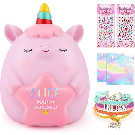 Unicorn Piggy Bank for Girls,Unbreakable Kids Piggy Bank with 2 Alphabet & 2 Rhinestone Stickers & Unicorn Bracelet Set, Coins Money Banks for Kids Toddlers, Christmas Unicorn Toy Gifts for Girls Pink