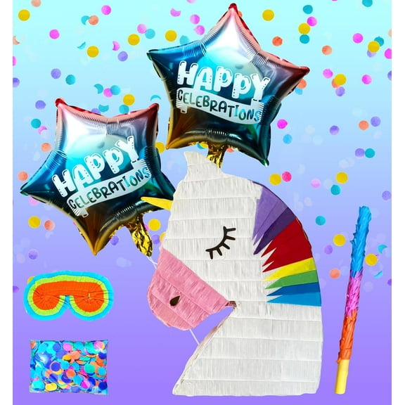 Unicorn Pinatas for Girls Birthday Parties, Magical Princess Party Supplies and Fiesta Decoration,Theme Birthday Party Game Includes Busterstick, Blindfold, Confetti and 2 Happy Celebrations Ballons