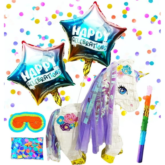 Unicorn Pinatas Party Set with Buster Stick, Blindfold, Confetti, and Happy Celebration Balloons - Perfect for Magical Birthdays and Celebrations