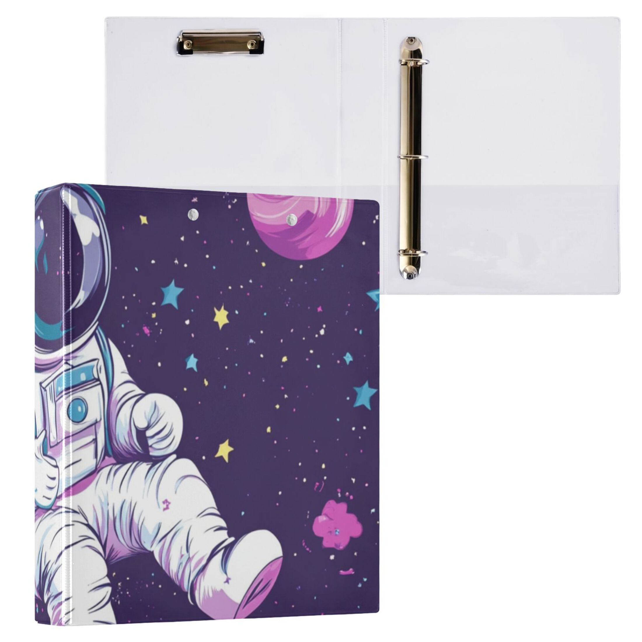 Unicorn Planet Astronaut 3 Ring Binders 1.5 inch Hardcover File Folders with Interior Pockets A4 Size Organizer for School Office Hospital