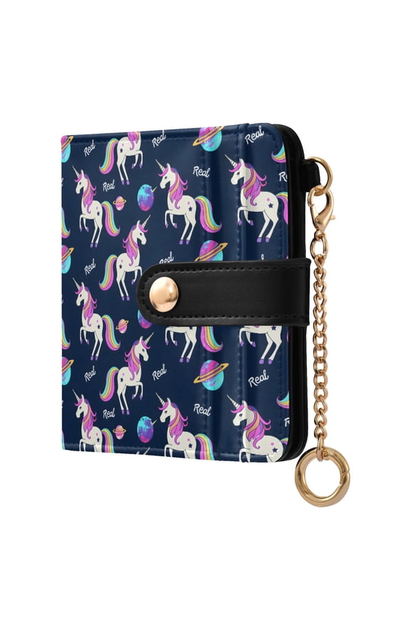 Unicorn Planet Small Wallet for Women RFID Blocking Bifold PU Leather Credit Card Holder with Zipper Coin Pocket Compact Cute Travel Purse Magnetic Snap 7 Card Slots
