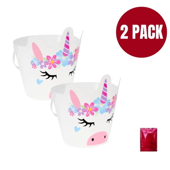 Unicorn Plastic Easter Pails with Handles (2 Pack Bundle)  White Magic Unicorn Face Buckets for Egg Hunts with Bonus LaPrima Morceau Bonbon