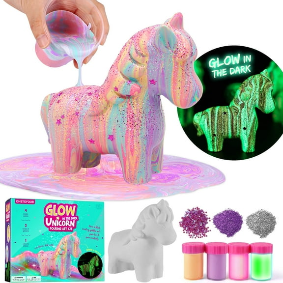 Unicorn Pouring Art Kit - Glow in The Dark Unicorn Kit, Arts and Crafts for Kids 6-12, Kids Craft Art Supplies, Painting Kit Toys, Birthday Gift for Girls Age 6 7 8 9 10+