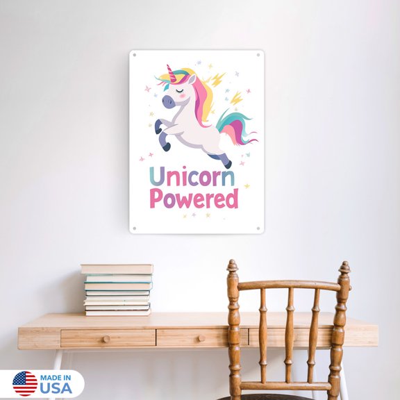 Unicorn Powered Vertical Tin Sign Wall Decor by Dancing Littles Jungle - Size 12x16 inch
